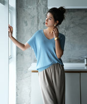 Vネック半袖サマーニットプルオーバーxyf6296 ブルー系その他