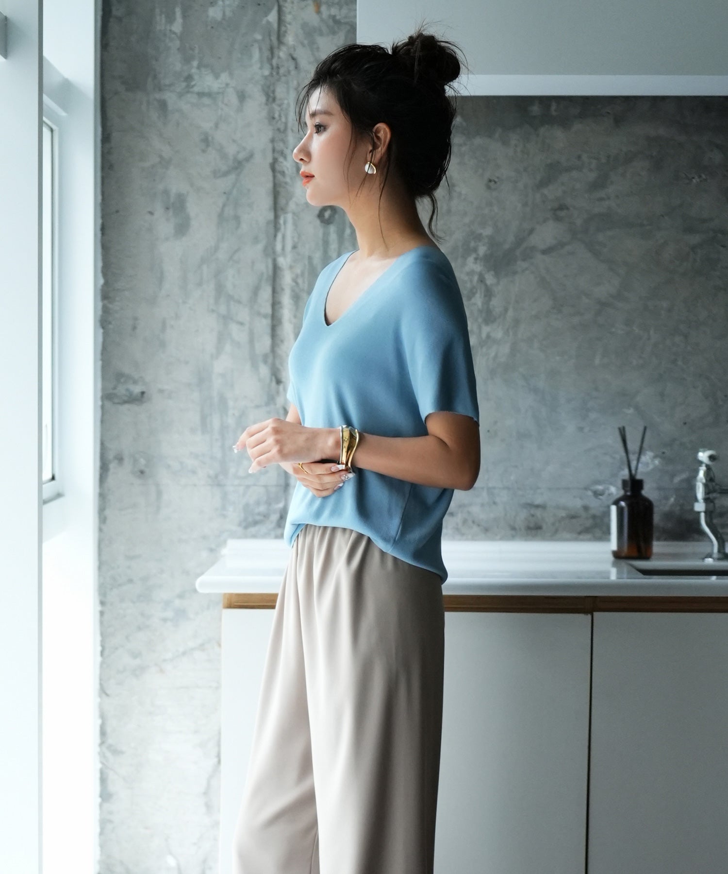 Vネック半袖サマーニットプルオーバーxyf6296 ブルー系その他