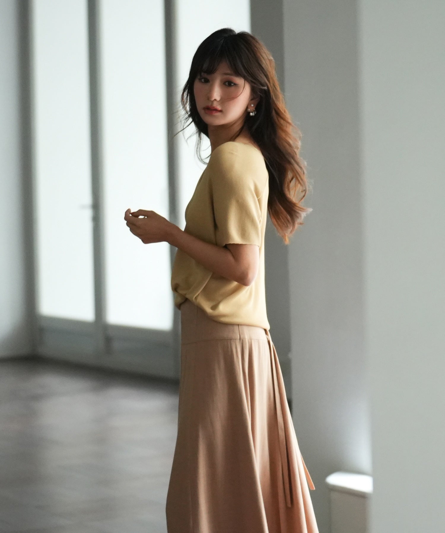 Vネック半袖サマーニットプルオーバーxyf6296 キャメル