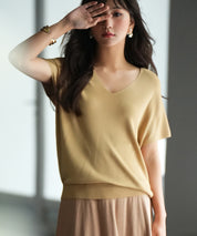 Vネック半袖サマーニットプルオーバーxyf6296 キャメル