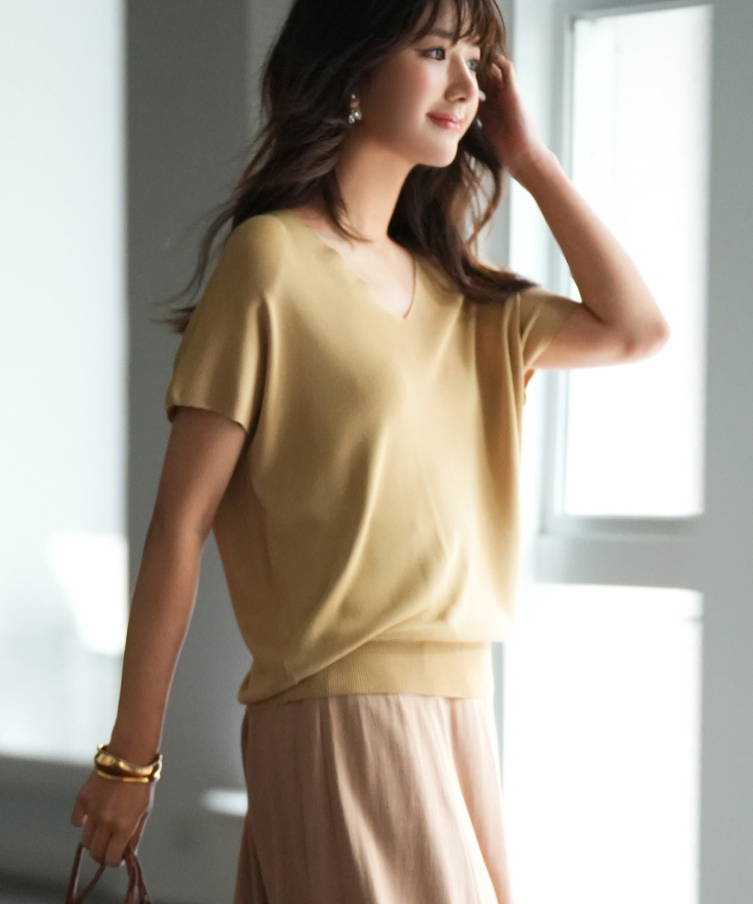 Vネック半袖サマーニットプルオーバーxyf6296 キャメル