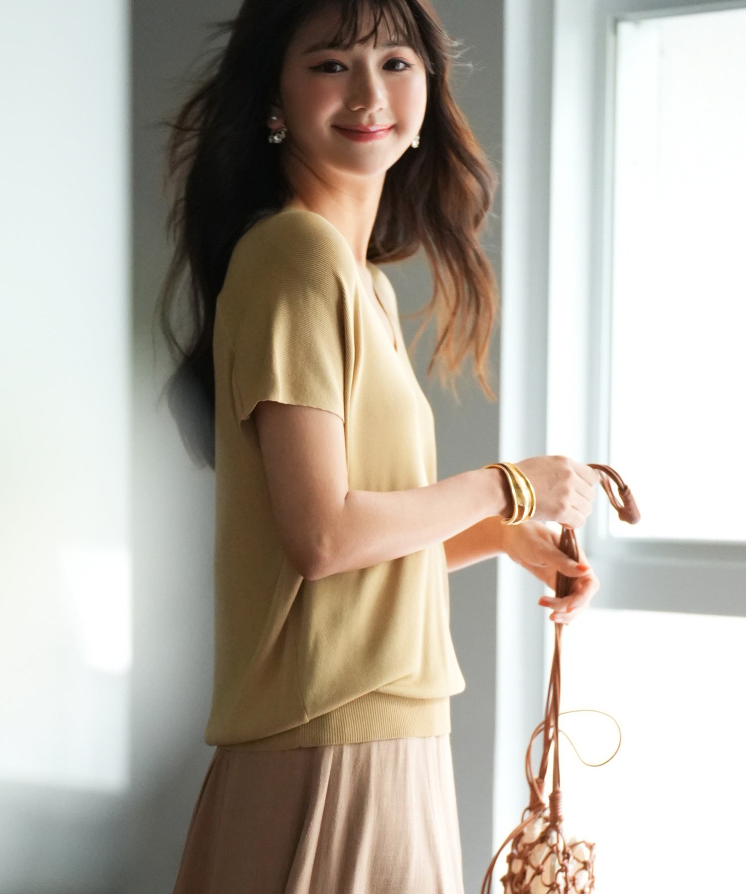 Vネック半袖サマーニットプルオーバーxyf6296 キャメル