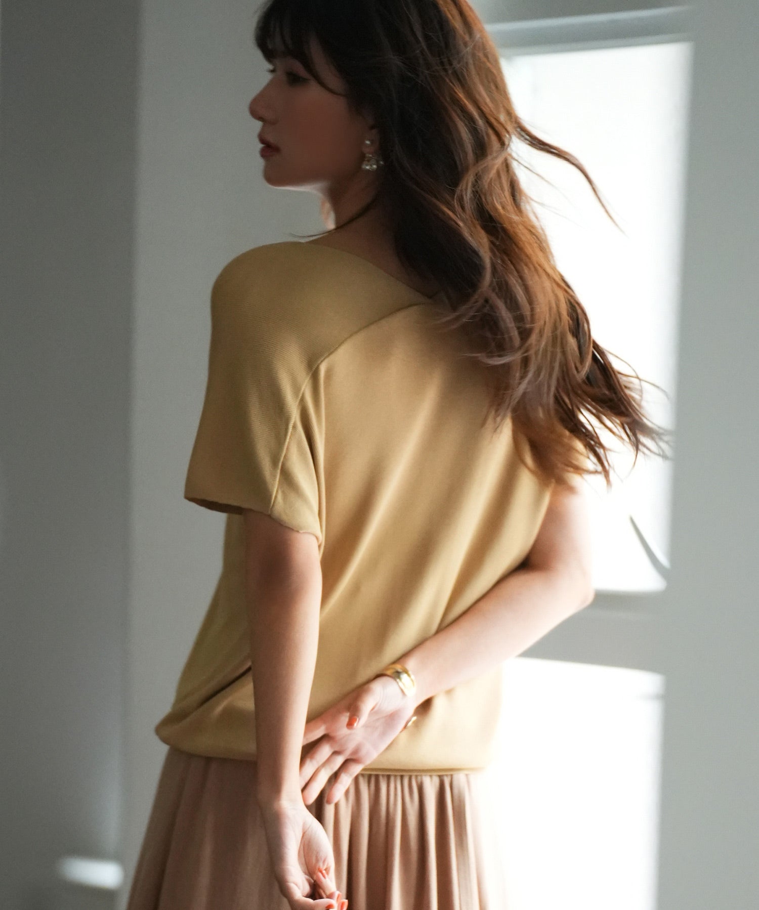 Vネック半袖サマーニットプルオーバーxyf6296 キャメル