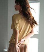 Vネック半袖サマーニットプルオーバーxyf6296 キャメル