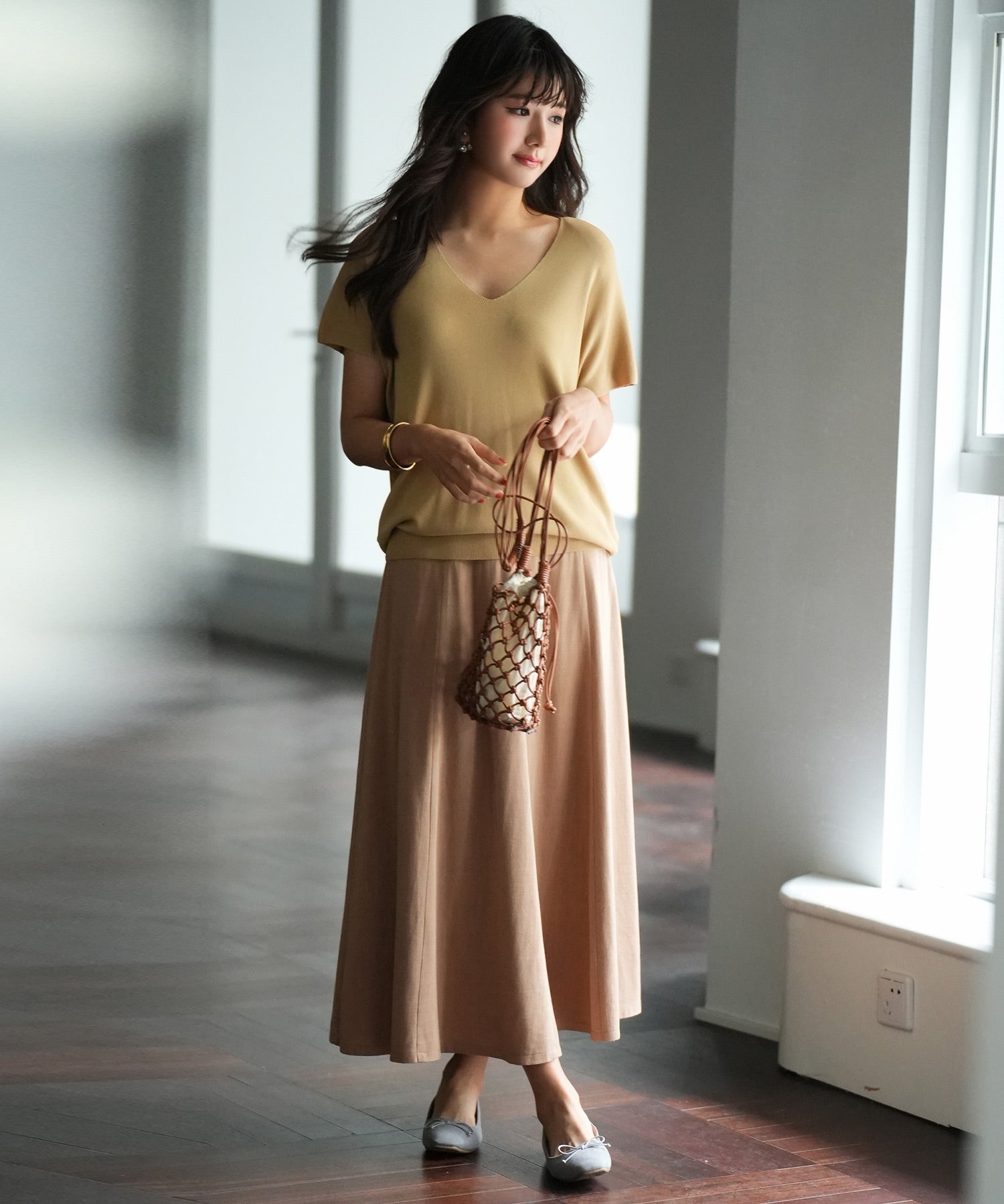 Vネック半袖サマーニットプルオーバーxyf6296 キャメル