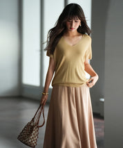 Vネック半袖サマーニットプルオーバーxyf6296 キャメル