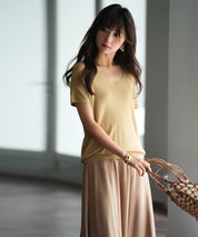 Vネック半袖サマーニットプルオーバーxyf6296 キャメル