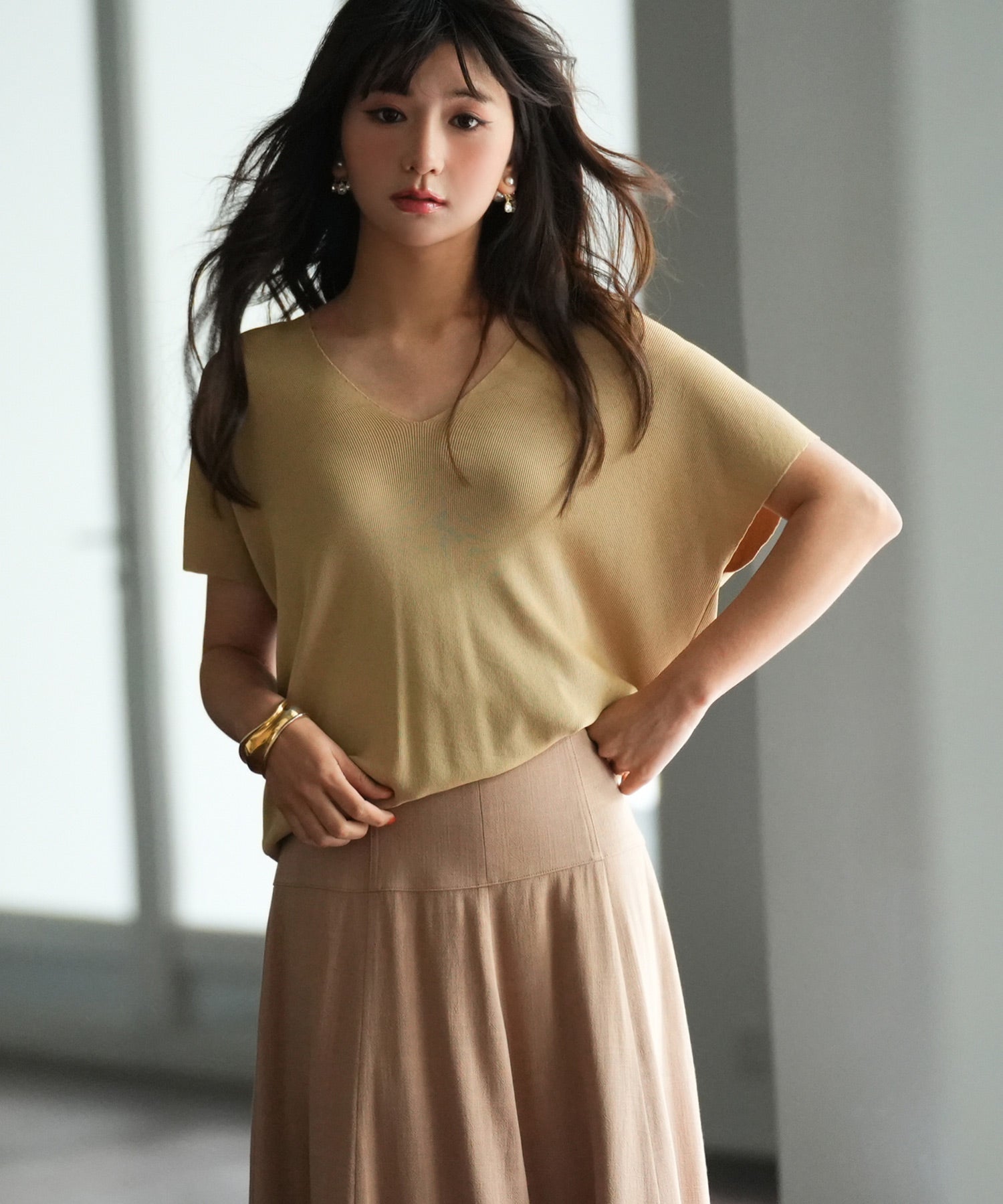 Vネック半袖サマーニットプルオーバーxyf6296 キャメル