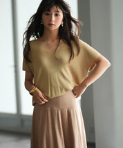 Vネック半袖サマーニットプルオーバーxyf6296 キャメル