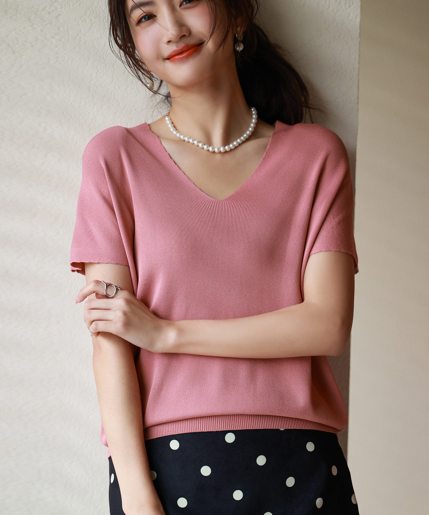 Vネック半袖サマーニットプルオーバーxyf6296-103-177