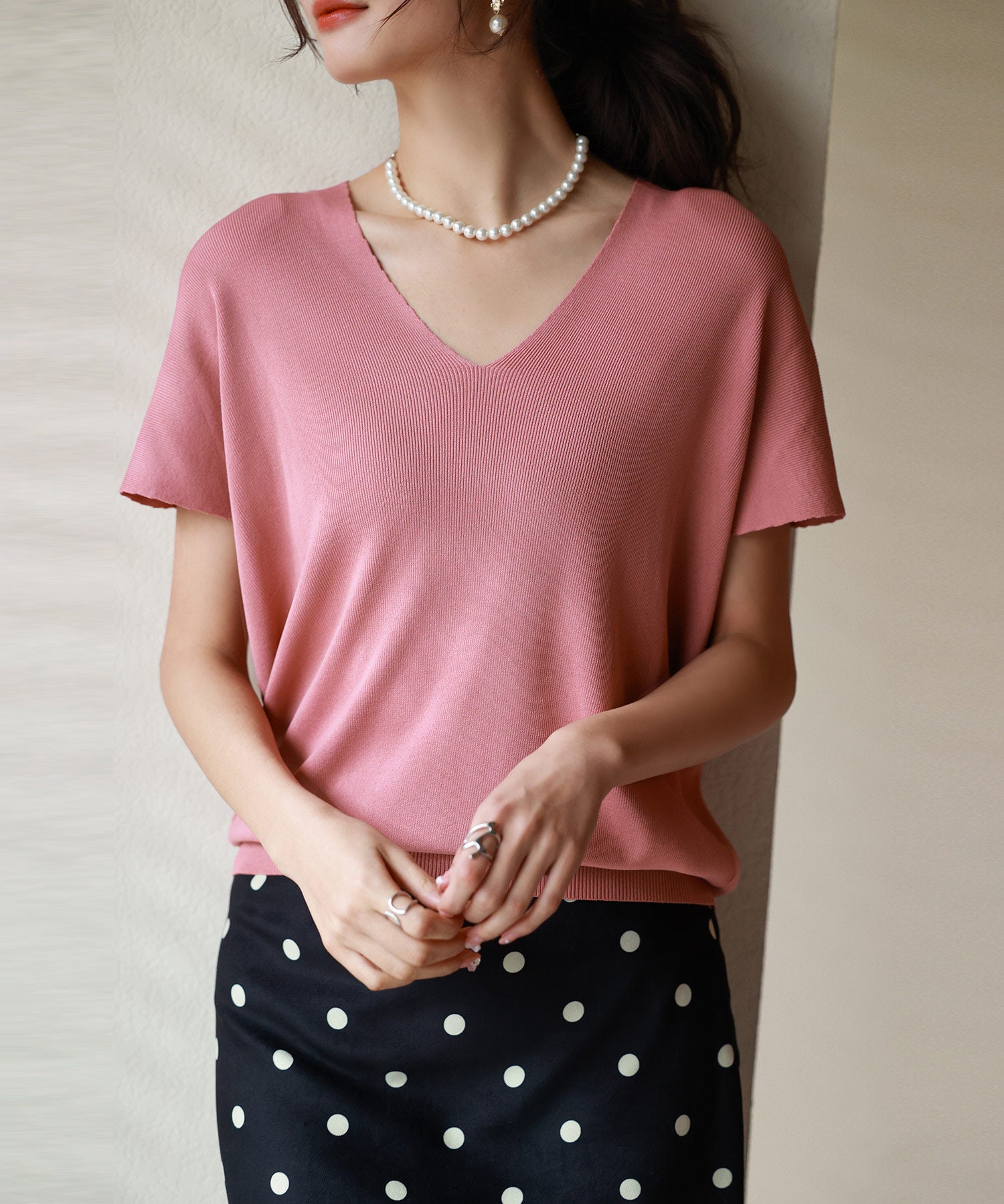 Vネック半袖サマーニットプルオーバーxyf6296 ローズ