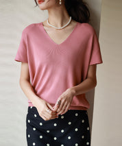 Vネック半袖サマーニットプルオーバーxyf6296 ローズ