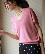 Vネック半袖サマーニットプルオーバーxyf6296 ローズ