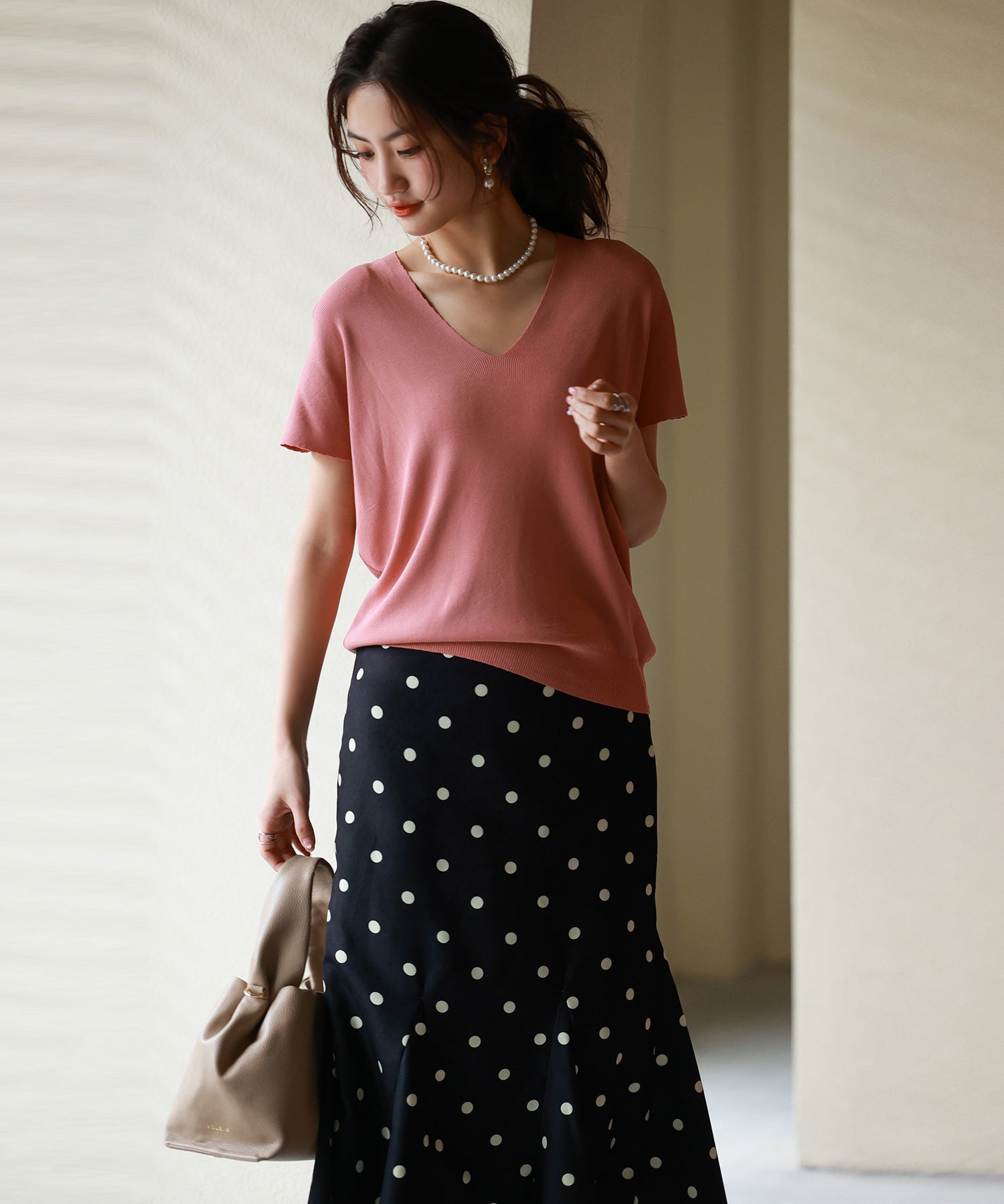 Vネック半袖サマーニットプルオーバーxyf6296 ローズ