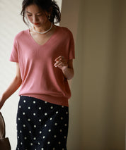 Vネック半袖サマーニットプルオーバーxyf6296 ローズ