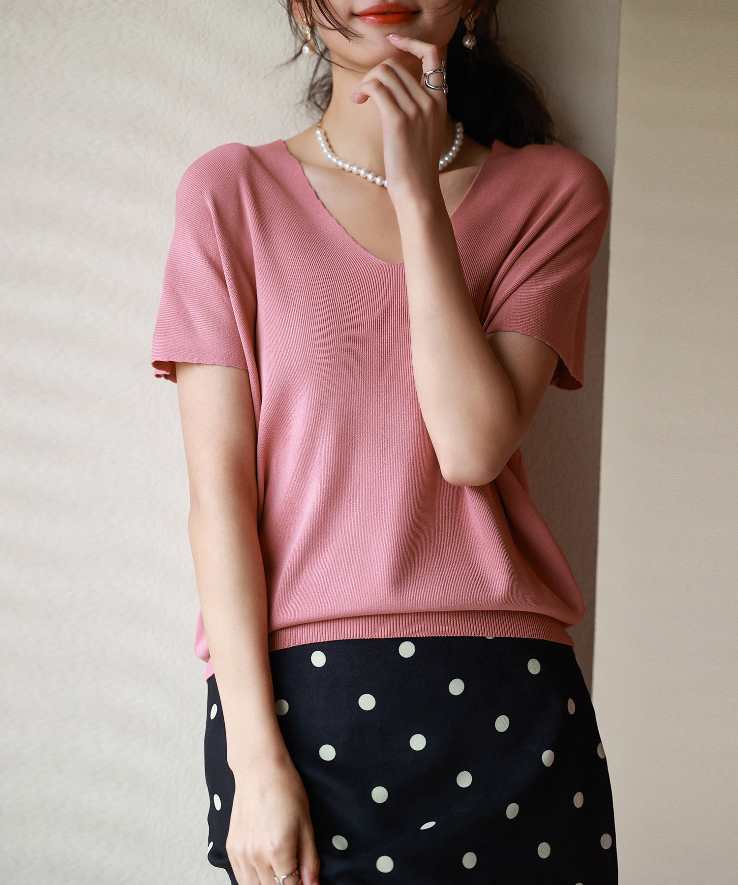 Vネック半袖サマーニットプルオーバーxyf6296 ローズ