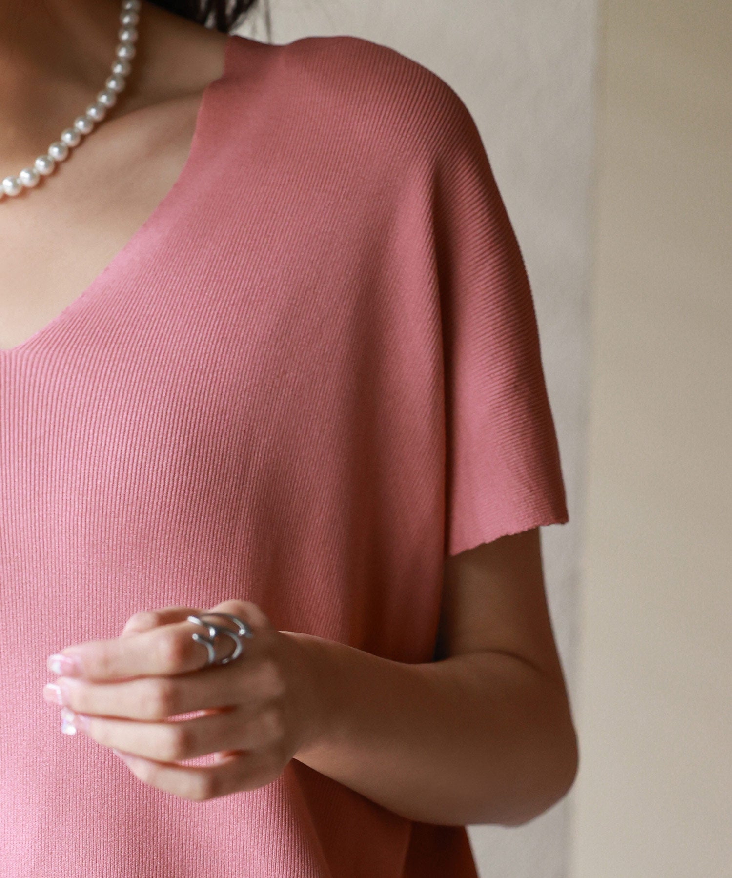 Vネック半袖サマーニットプルオーバーxyf6296 ローズ