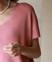 Vネック半袖サマーニットプルオーバーxyf6296 ローズ