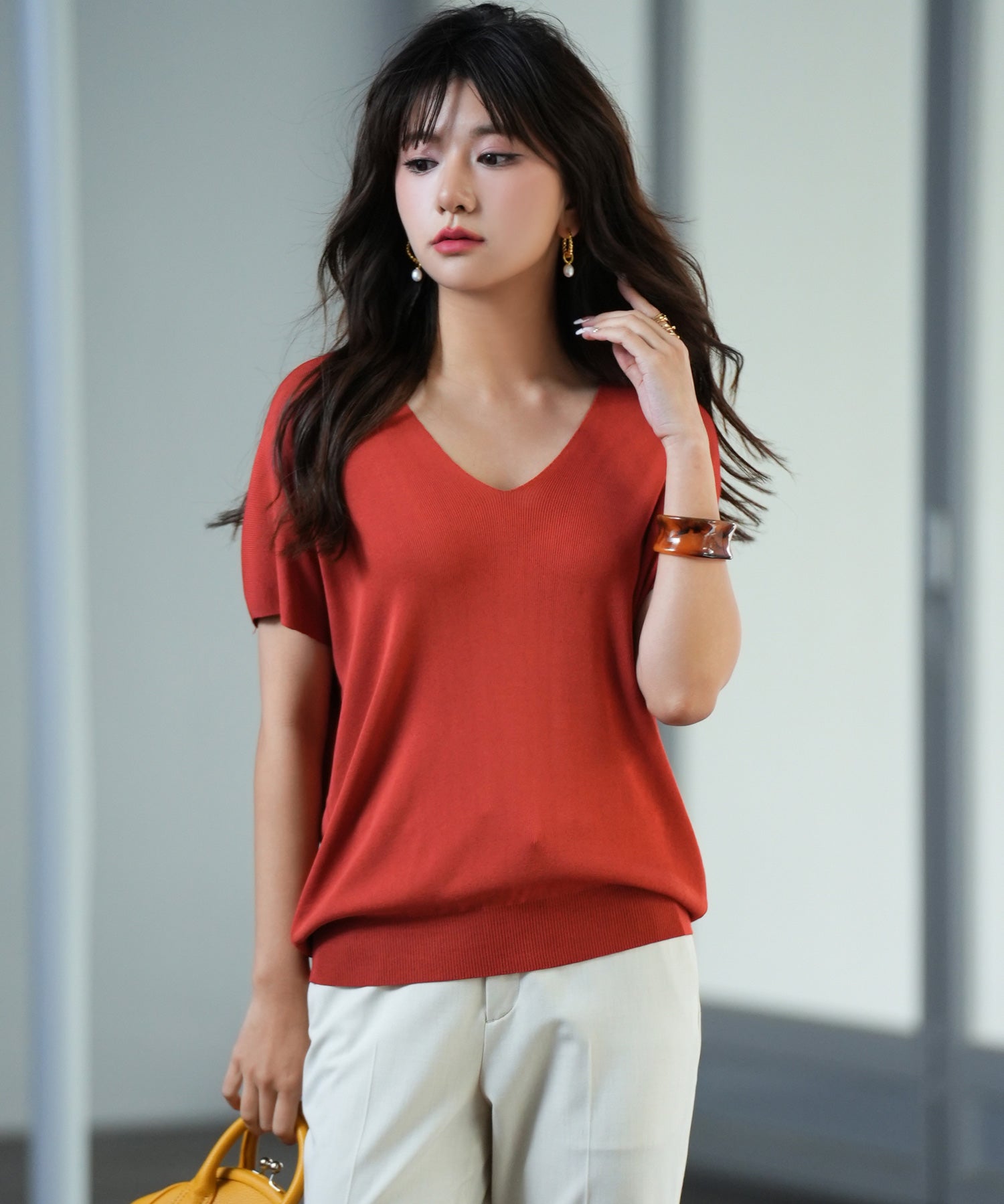 Vネック半袖サマーニットプルオーバーxyf6296-103-337