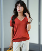 Vネック半袖サマーニットプルオーバーxyf6296-103-337