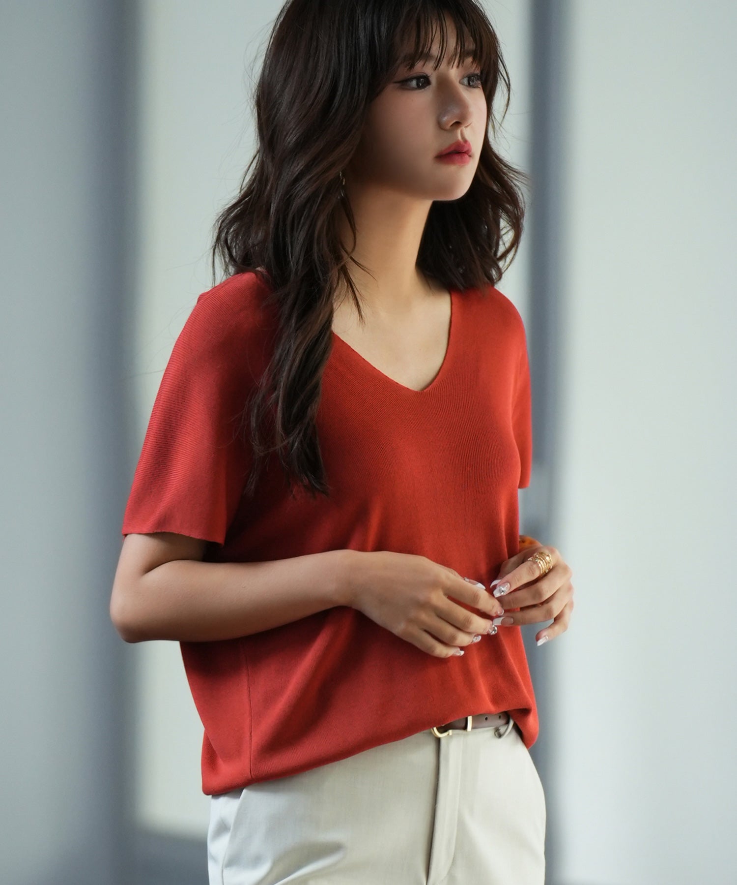 Vネック半袖サマーニットプルオーバーxyf6296 レンガ