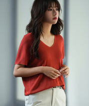 Vネック半袖サマーニットプルオーバーxyf6296 レンガ