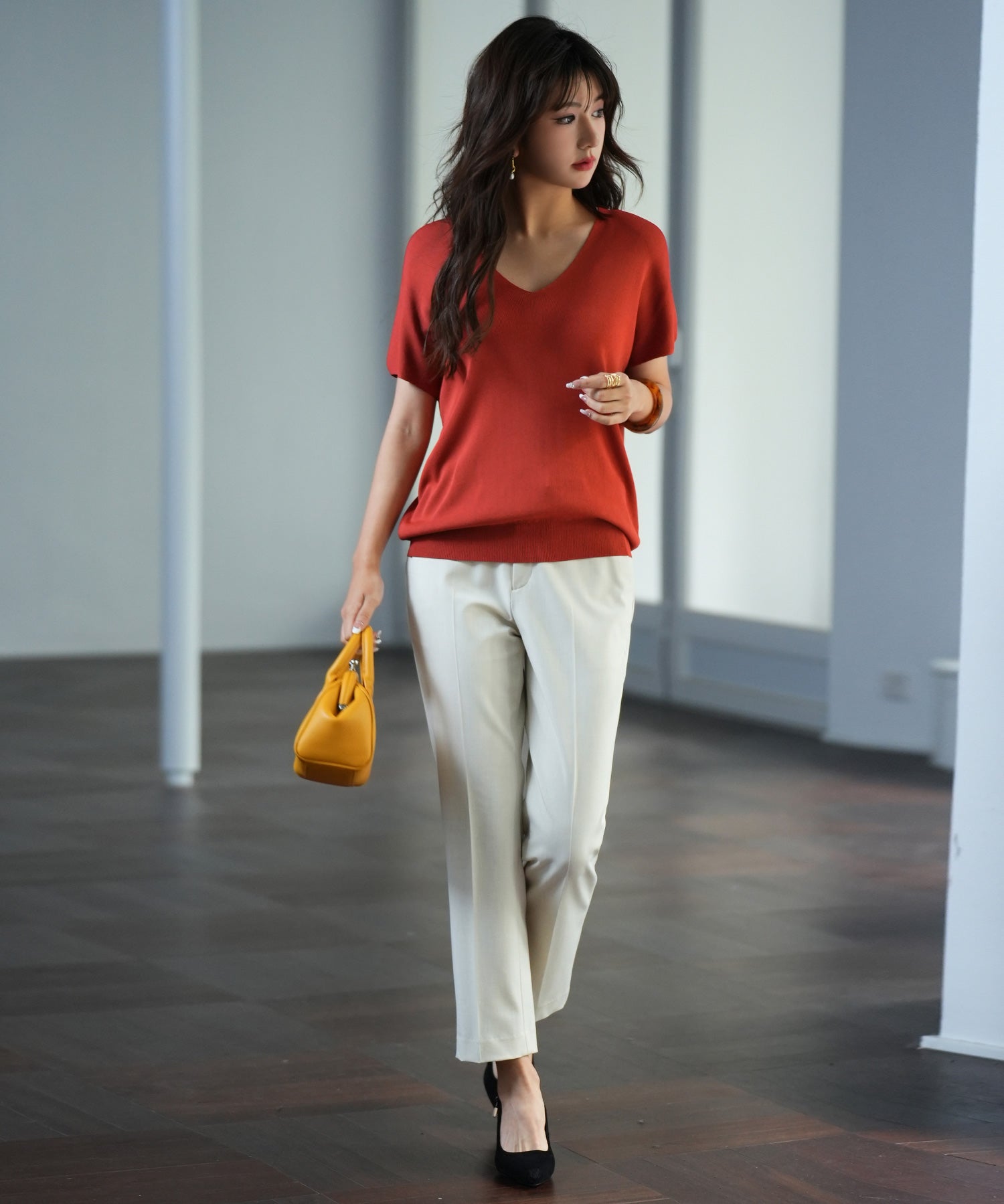 Vネック半袖サマーニットプルオーバーxyf6296 レンガ