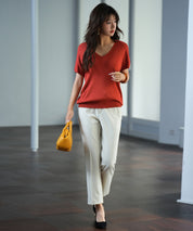 Vネック半袖サマーニットプルオーバーxyf6296 レンガ