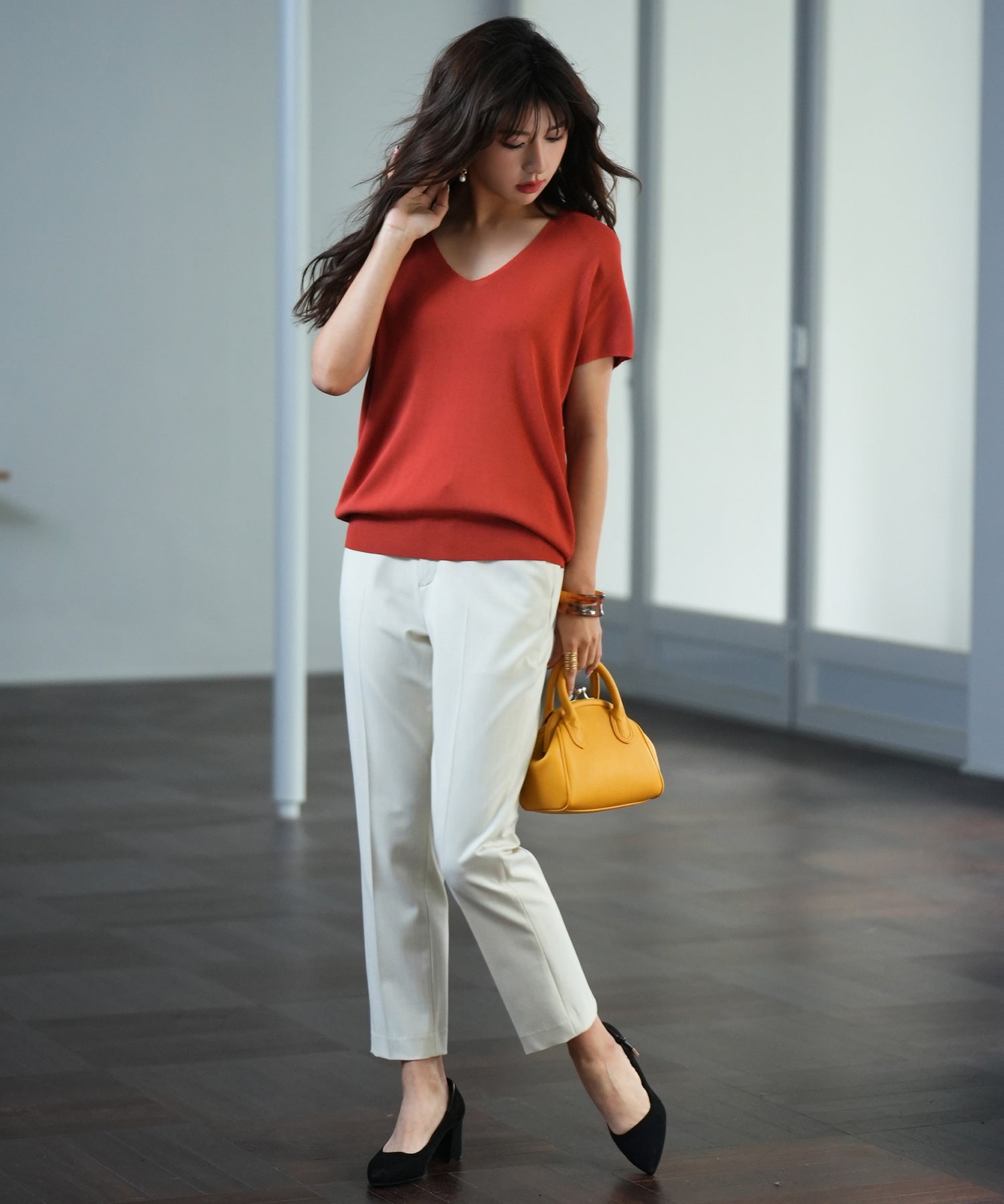 Vネック半袖サマーニットプルオーバーxyf6296 レンガ