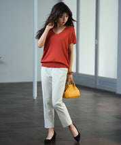 Vネック半袖サマーニットプルオーバーxyf6296 レンガ