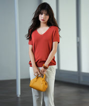 Vネック半袖サマーニットプルオーバーxyf6296 レンガ