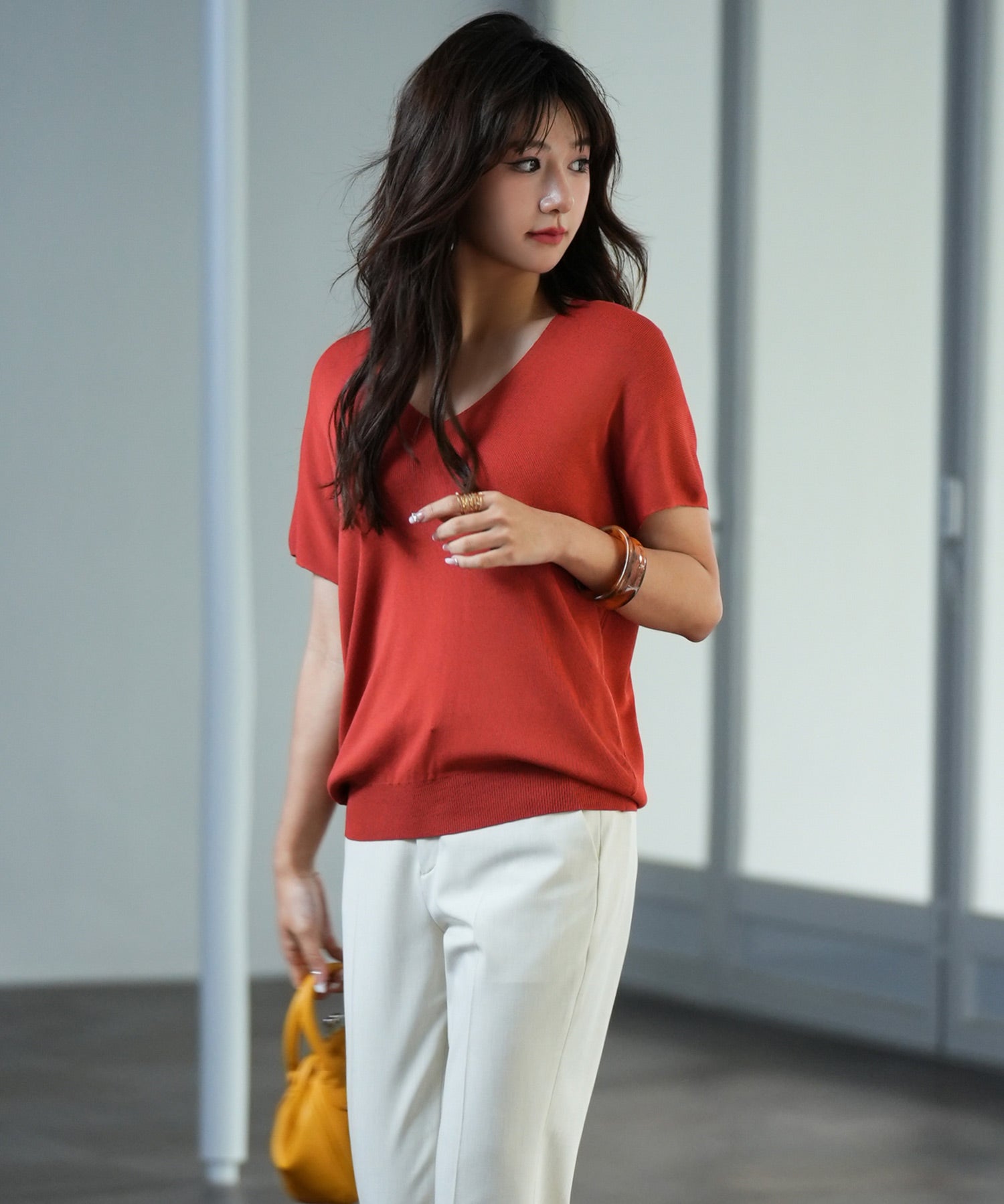 Vネック半袖サマーニットプルオーバーxyf6296 レンガ