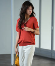 Vネック半袖サマーニットプルオーバーxyf6296 レンガ