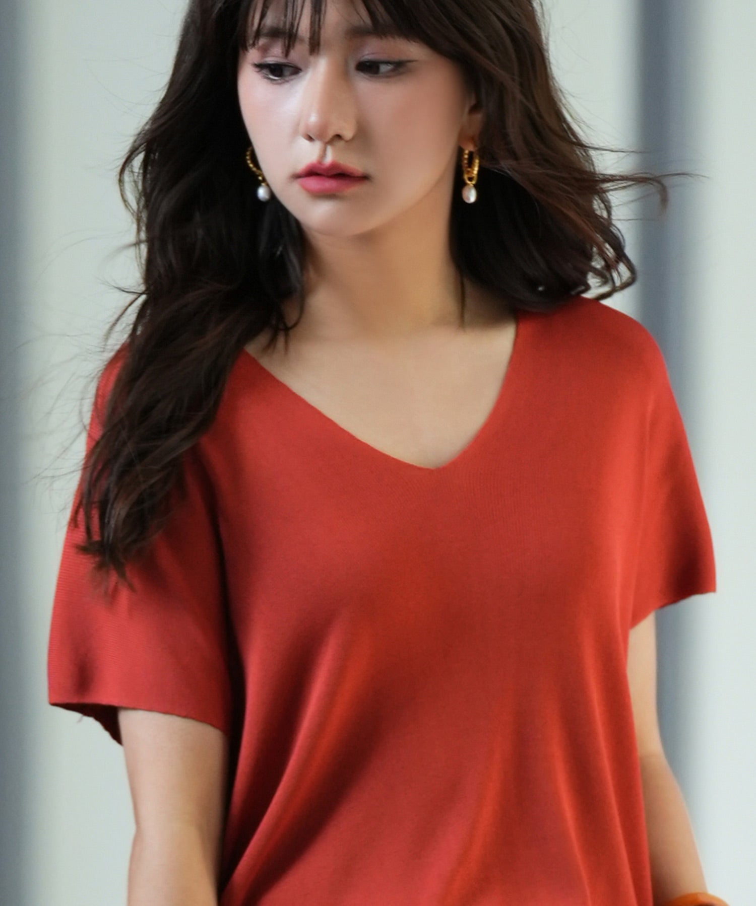 Vネック半袖サマーニットプルオーバーxyf6296 レンガ