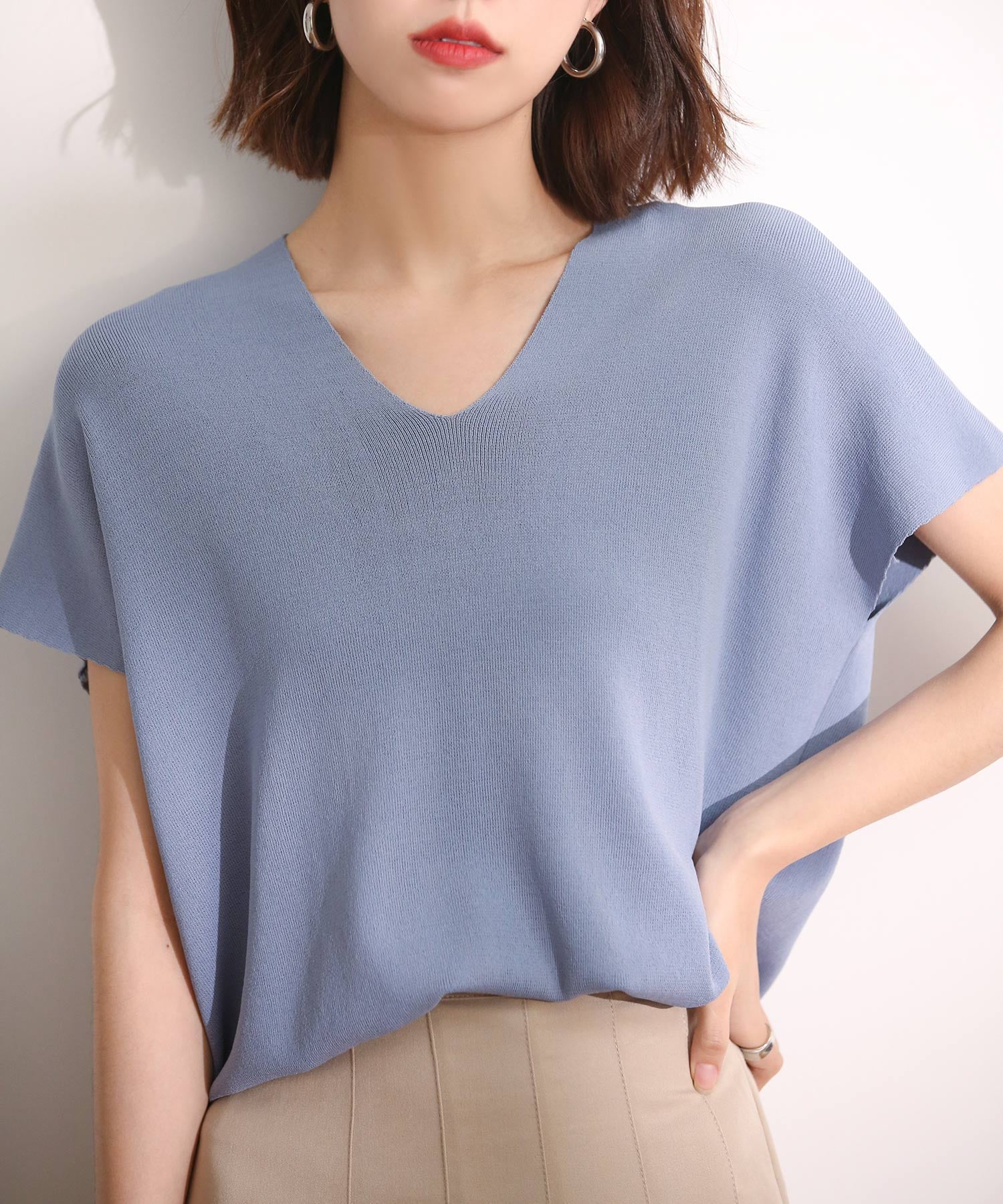 Vネック半袖サマーニットプルオーバーxyf6296 ブルー