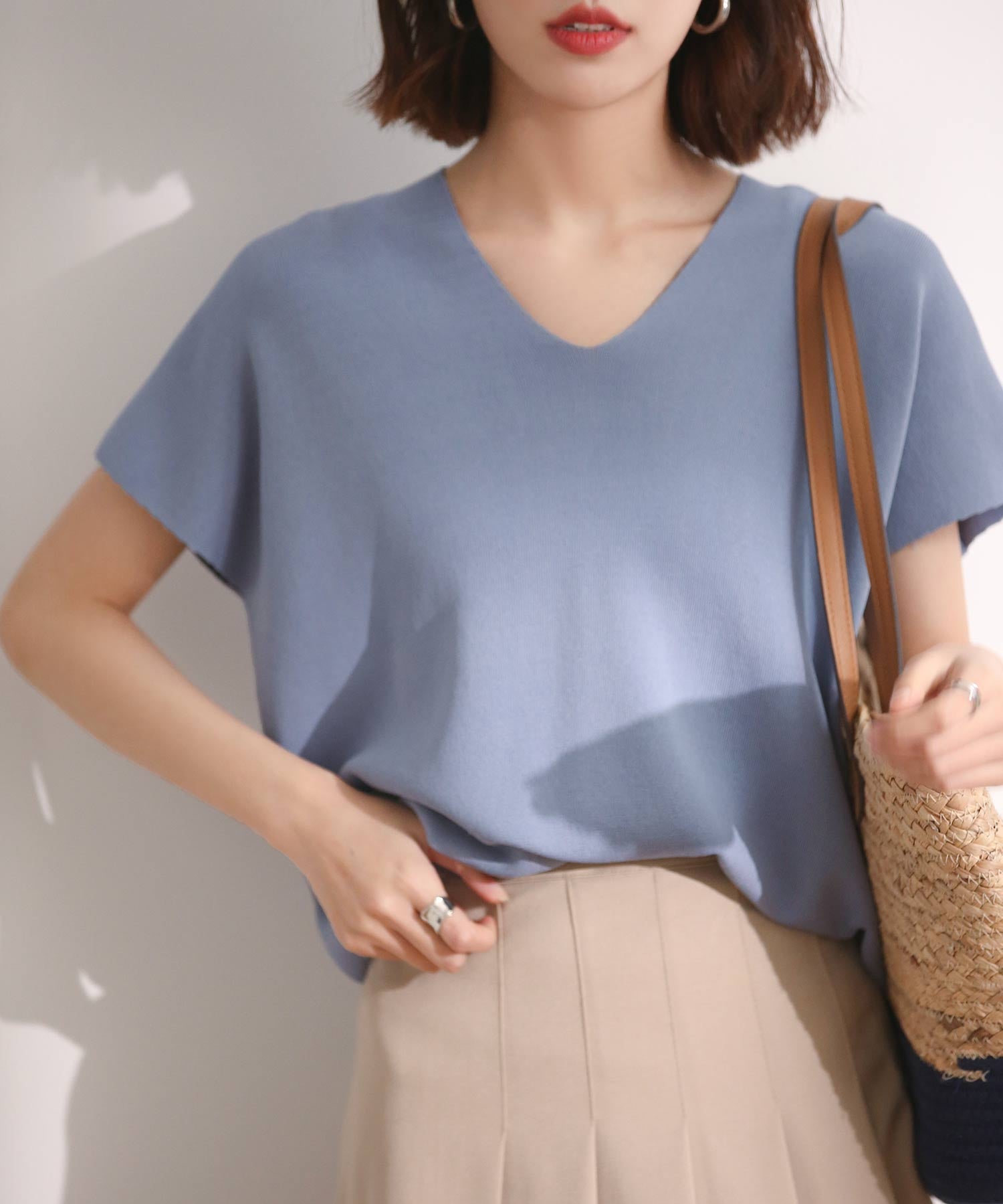 Vネック半袖サマーニットプルオーバーxyf6296 ブルー