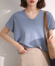 Vネック半袖サマーニットプルオーバーxyf6296 ブルー