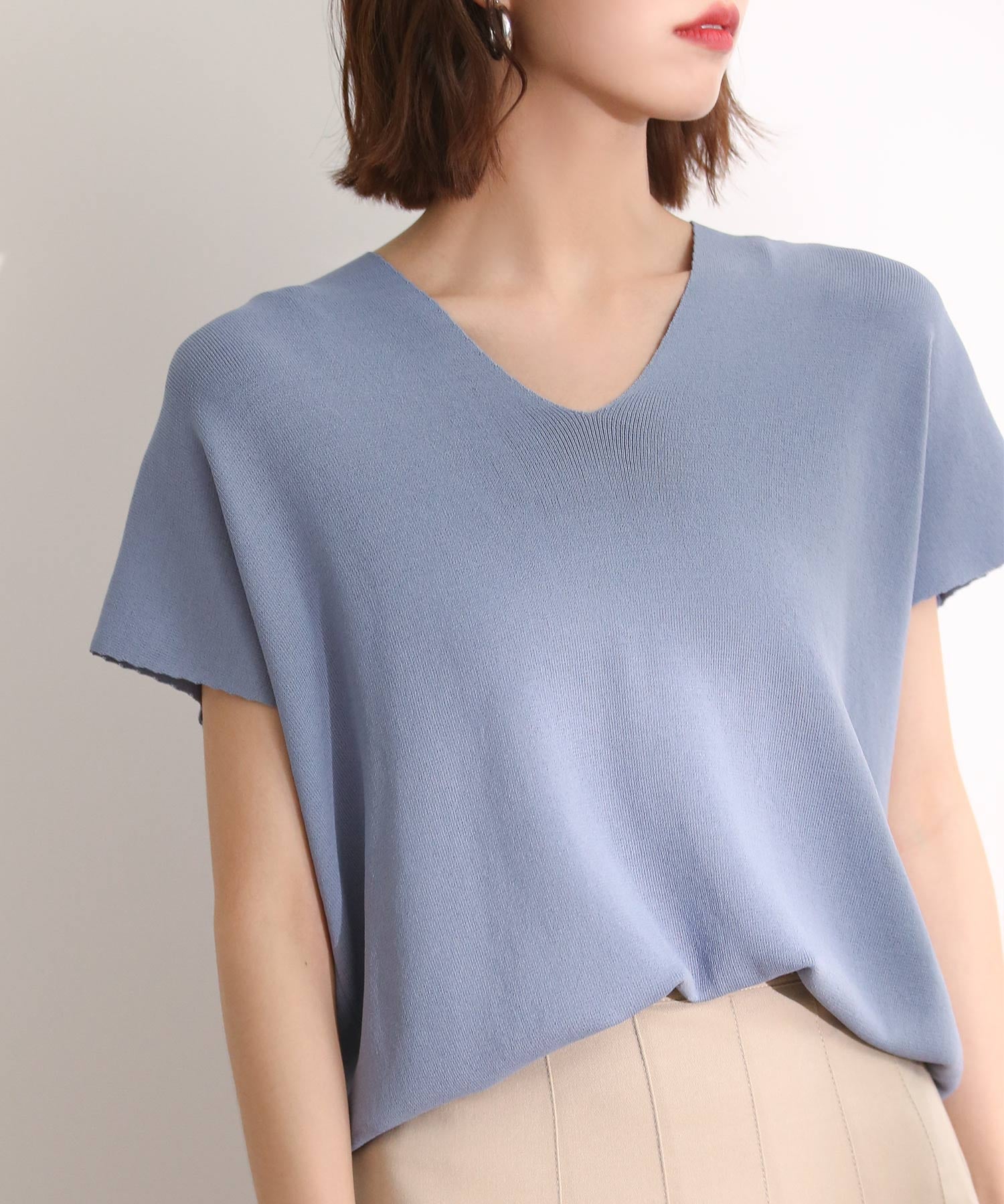 Vネック半袖サマーニットプルオーバーxyf6296-103-34