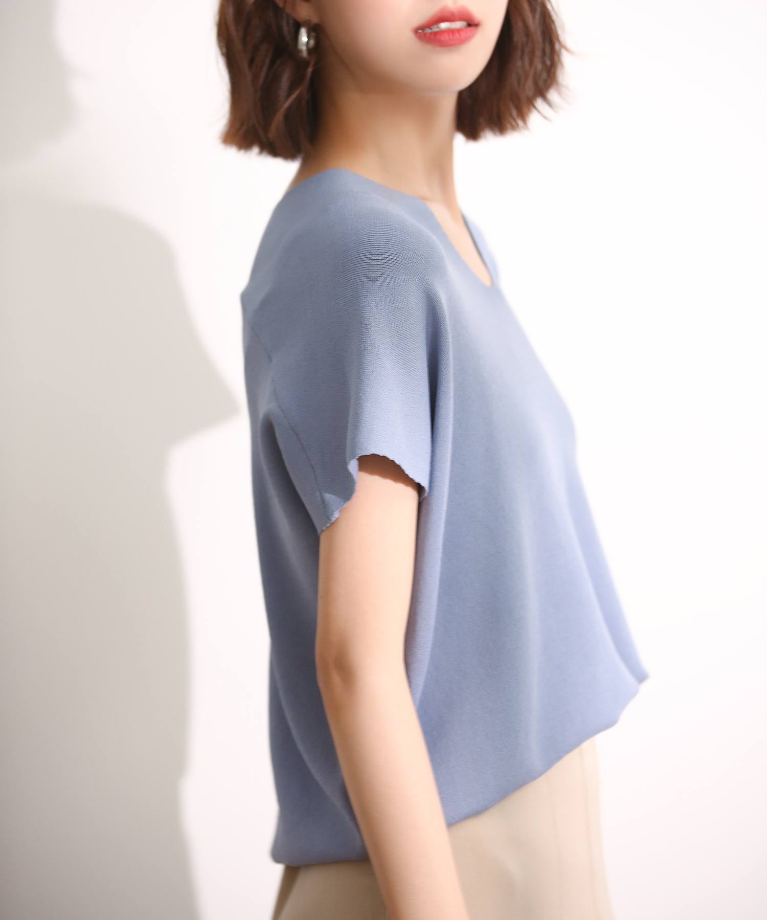 Vネック半袖サマーニットプルオーバーxyf6296 ブルー