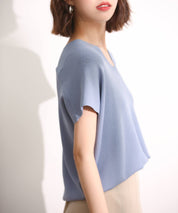 Vネック半袖サマーニットプルオーバーxyf6296 ブルー