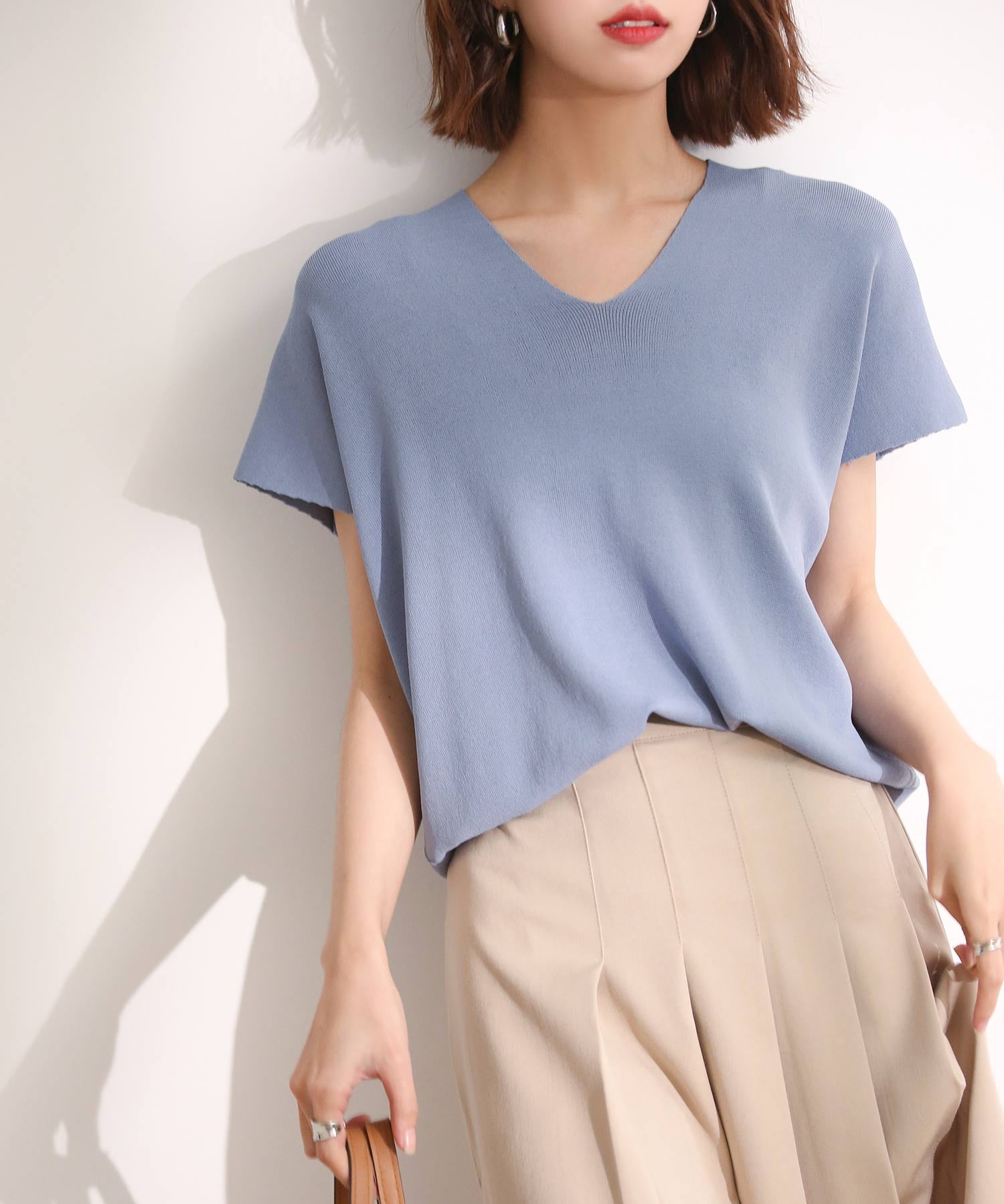 Vネック半袖サマーニットプルオーバーxyf6296 ブルー