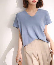 Vネック半袖サマーニットプルオーバーxyf6296 ブルー