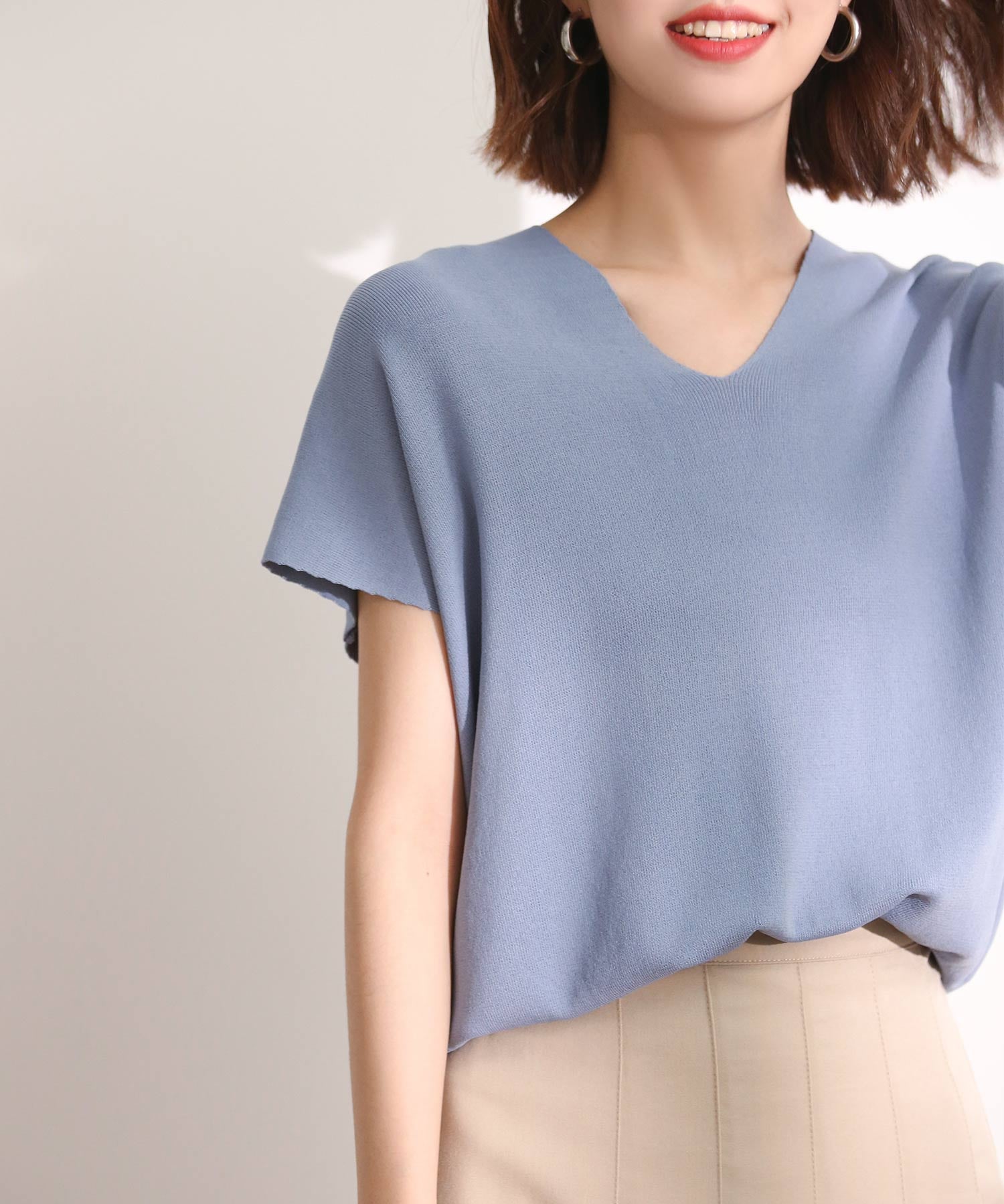 Vネック半袖サマーニットプルオーバーxyf6296 ブルー