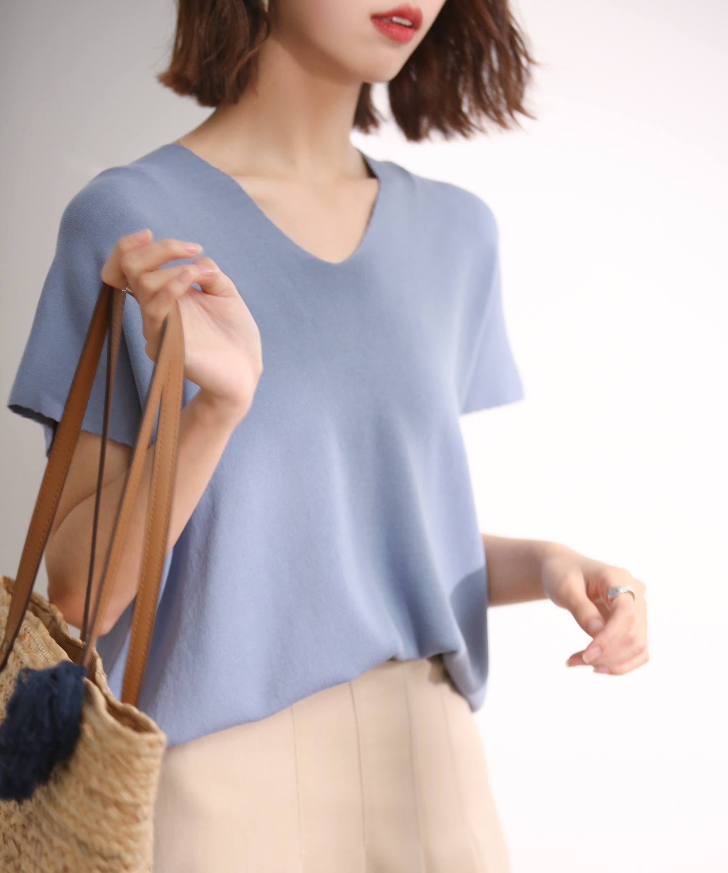 Vネック半袖サマーニットプルオーバーxyf6296 ブルー