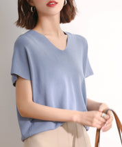 Vネック半袖サマーニットプルオーバーxyf6296 ブルー