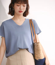 Vネック半袖サマーニットプルオーバーxyf6296 ブルー