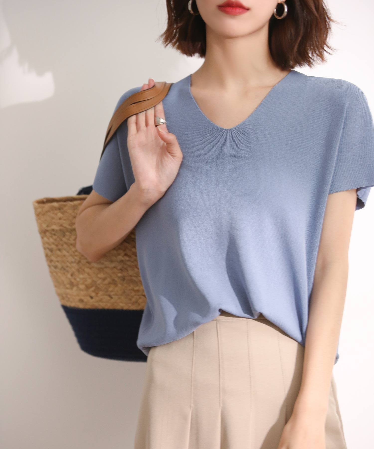 Vネック半袖サマーニットプルオーバーxyf6296 ブルー