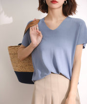 Vネック半袖サマーニットプルオーバーxyf6296 ブルー