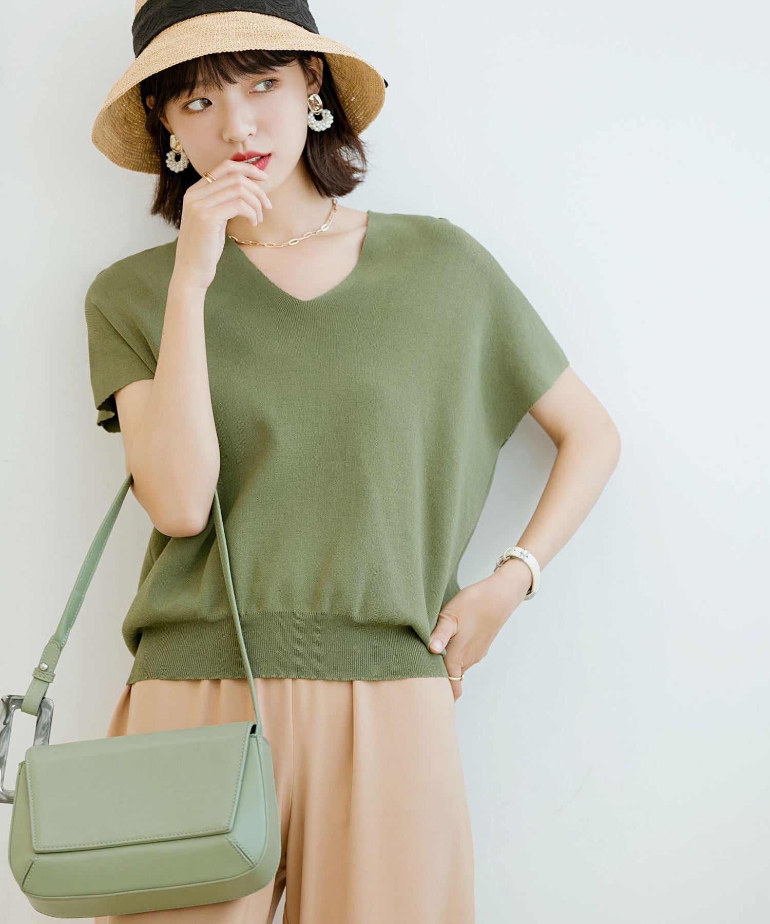 Vネック半袖サマーニットプルオーバーxyf6296 グリーン