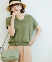 Vネック半袖サマーニットプルオーバーxyf6296 グリーン